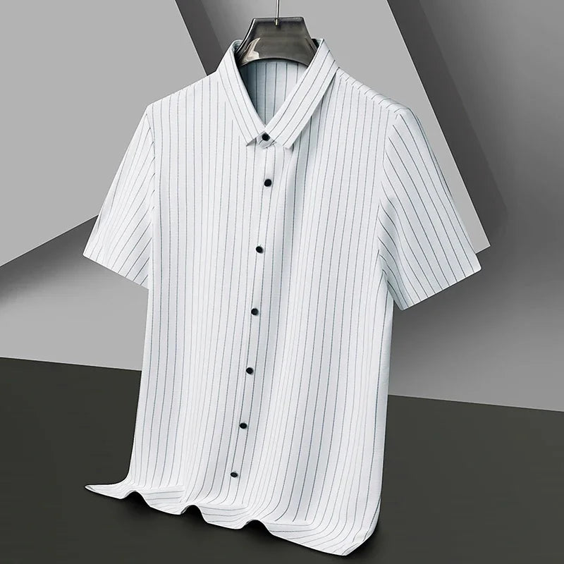 New Men's Stripe Business Casual Solid Color Short Sleeved Shirt for Summer Fashion No Ironing Comfortable and Versatile Top