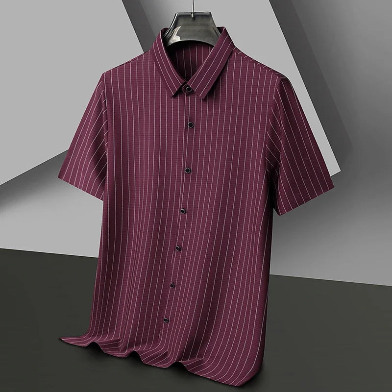 New Men's Stripe Business Casual Solid Color Short Sleeved Shirt for Summer Fashion No Ironing Comfortable and Versatile Top