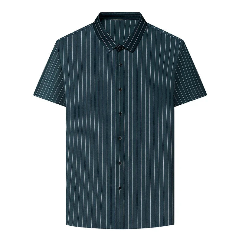 New Men's Stripe Business Casual Solid Color Short Sleeved Shirt for Summer Fashion No Ironing Comfortable and Versatile Top